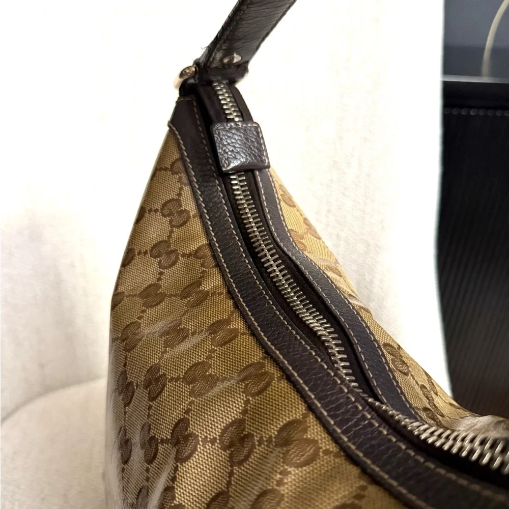Authentic Gucci GG Crystal Canvas Hobo bag leather trims gold hardware